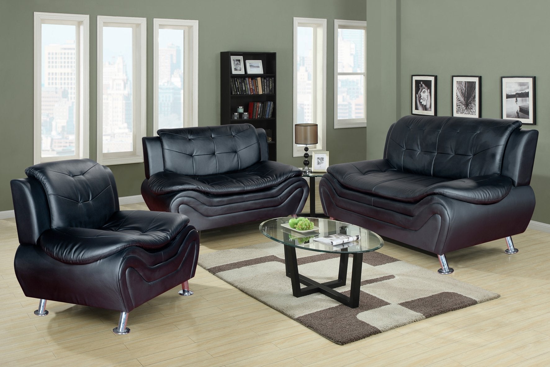 Beverly Fine Furniture 3 Piece Aldo Modern Sofa Set, Black/White