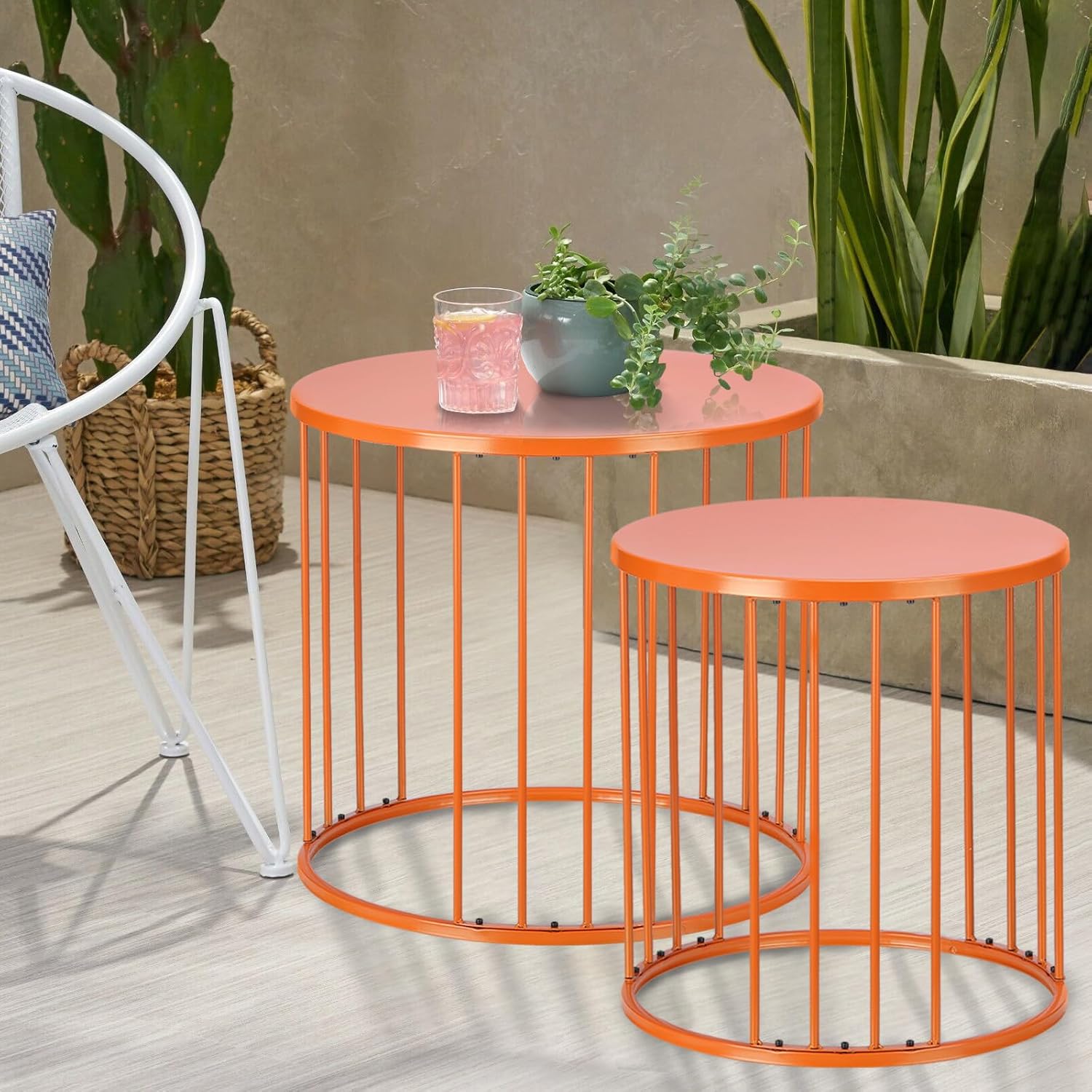 LEWIS&WAYNE Outdoor Side Table Set of 2, Metal Circle Accent End Tables for Balcony Backyard Garden Indoor Living Room, Durable Nesting Coffee Tables, 20”+16” Dia, Orange