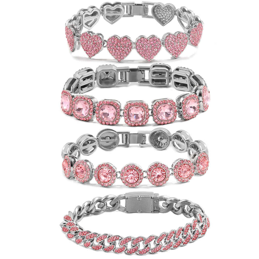 4PCS Gold Bracelets for Women Silver Clustered Tennis Bracelet for Women Heart Round Diamond Cuban Bracelet Layered Link Bracelet Set Fashion Jewelry for Women Set