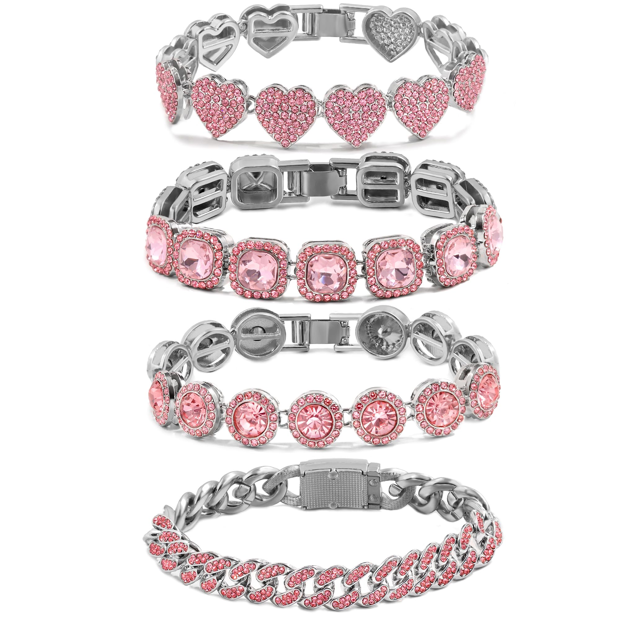 4PCS Gold Bracelets for Women Silver Clustered Tennis Bracelet for Women Heart Round Diamond Cuban Bracelet Layered Link Bracelet Set Fashion Jewelry for Women Set