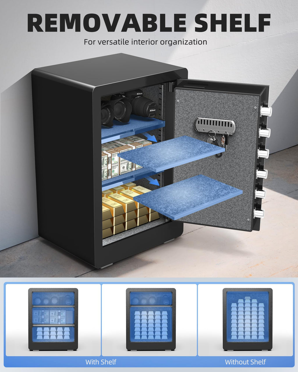 DAYI Safe Box, 3.0 Cubic Feet Home Safes with Fireproof Waterproof Bag, Security Safe for Money Cash Documents, Digital Keypad, Dual Alarm System, Removable Shelf - D-60