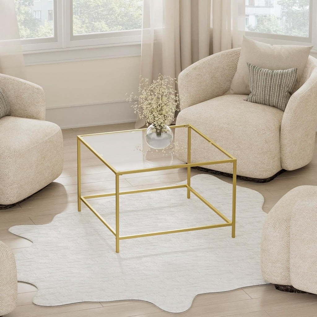 Glass Coffee Table, Modern Square Coffee Table for Living Room, Minimalist Center Tea Table with Sturdy Metal Frame for Apartment, Office, Easy Assembly, 27.6 x 27.6 x 17.7 Inches, Golden