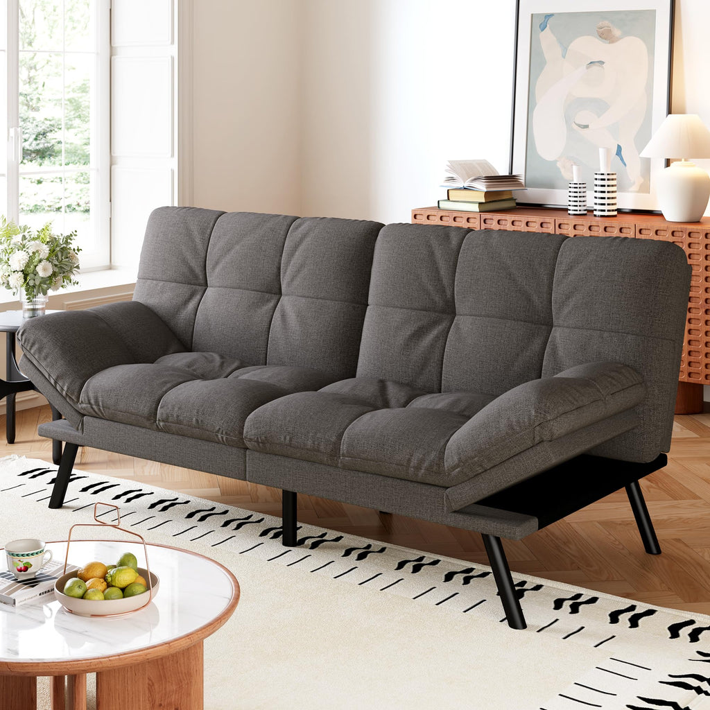 Convertible Faux Leather Futon Sofa Couch,Memory Foam Futon Couch Bed,Loveseat Sleeper Sofa Bed,Small Splitback Modern Folding Sofa Bed for Living Room,Office,Apartment,Matte Black