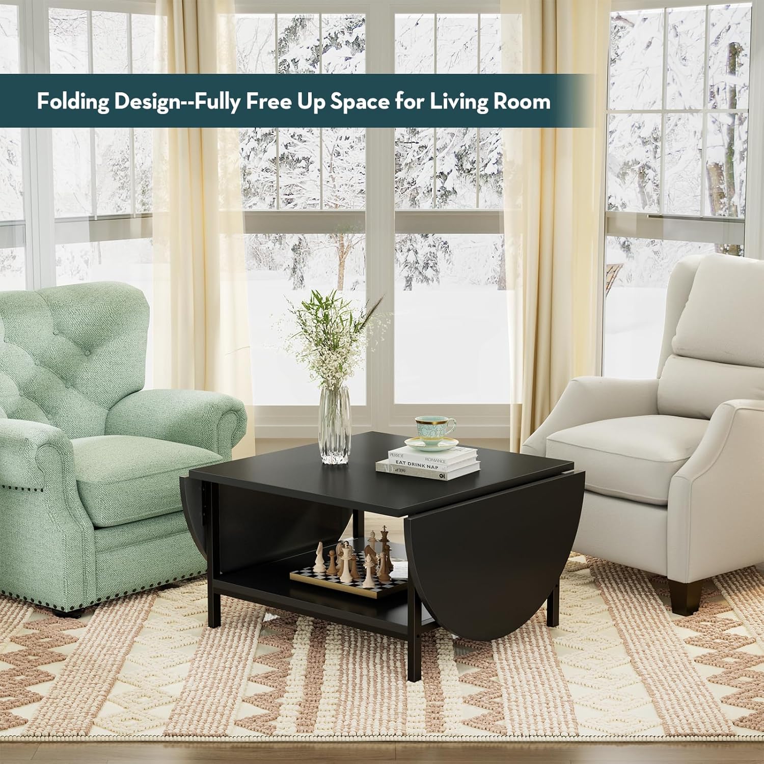 SAYGOER Black Coffee Table Modern Extended Coffee Tables with Storage for Living Room 2-Tier Unique Center Table with Two Folding Panel for Any Large or Small Space,Foldable, All Black