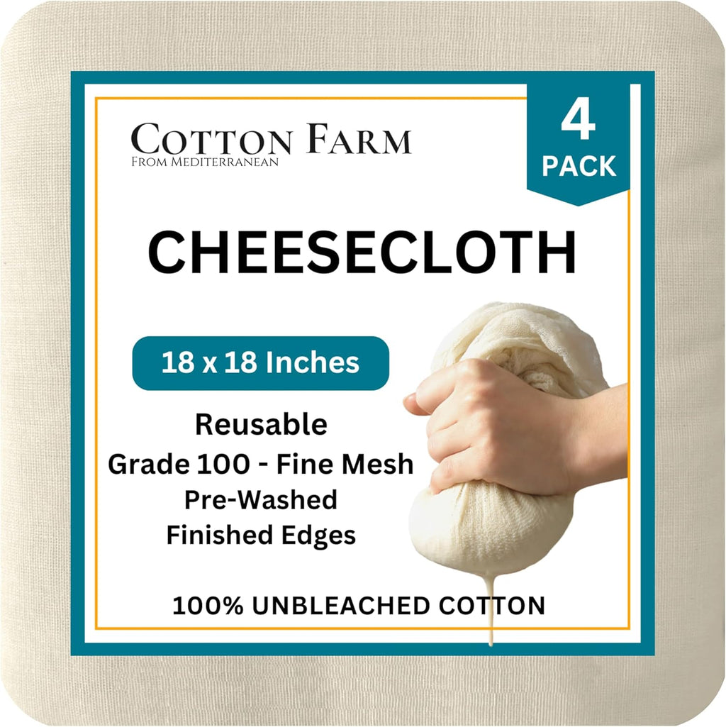 Cotton Farm Grade 100 Cheese Cloths for Straining & Cooking, 18 × 18 Inch, 100% Unbleached Cotton Cheesecloth, Butter Muslin, Finished Edge, Reusable & Pre-Washed
