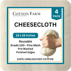 Cotton Farm Grade 100 Cheese Cloths for Straining & Cooking, 18 × 18 Inch, 100% Unbleached Cotton Cheesecloth, Butter Muslin, Finished Edge, Reusable & Pre-Washed
