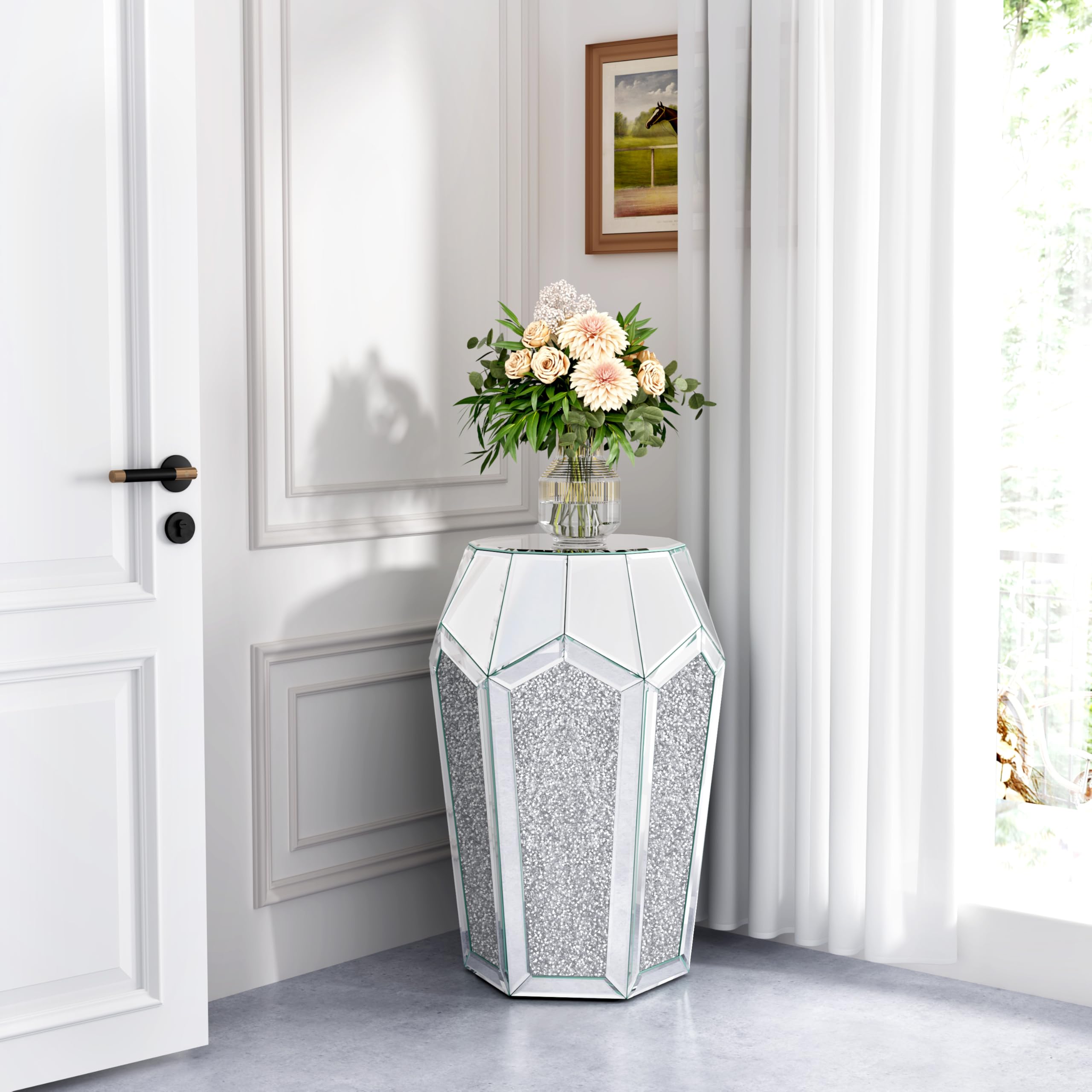 ENENE Mirrored End Table Crystal Diamond Setting Coffee Table Silver Glass Side Table Pedestal Stand for Hallway, Living Room, Corner, Bedroom, Sofa