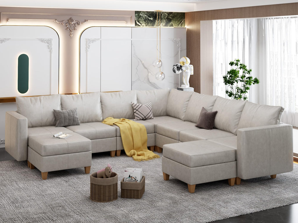 EASE MOOSE Brown Modular Sectional Couch with Storage, Faux Leather Sectional Modular Sofa or Living Room