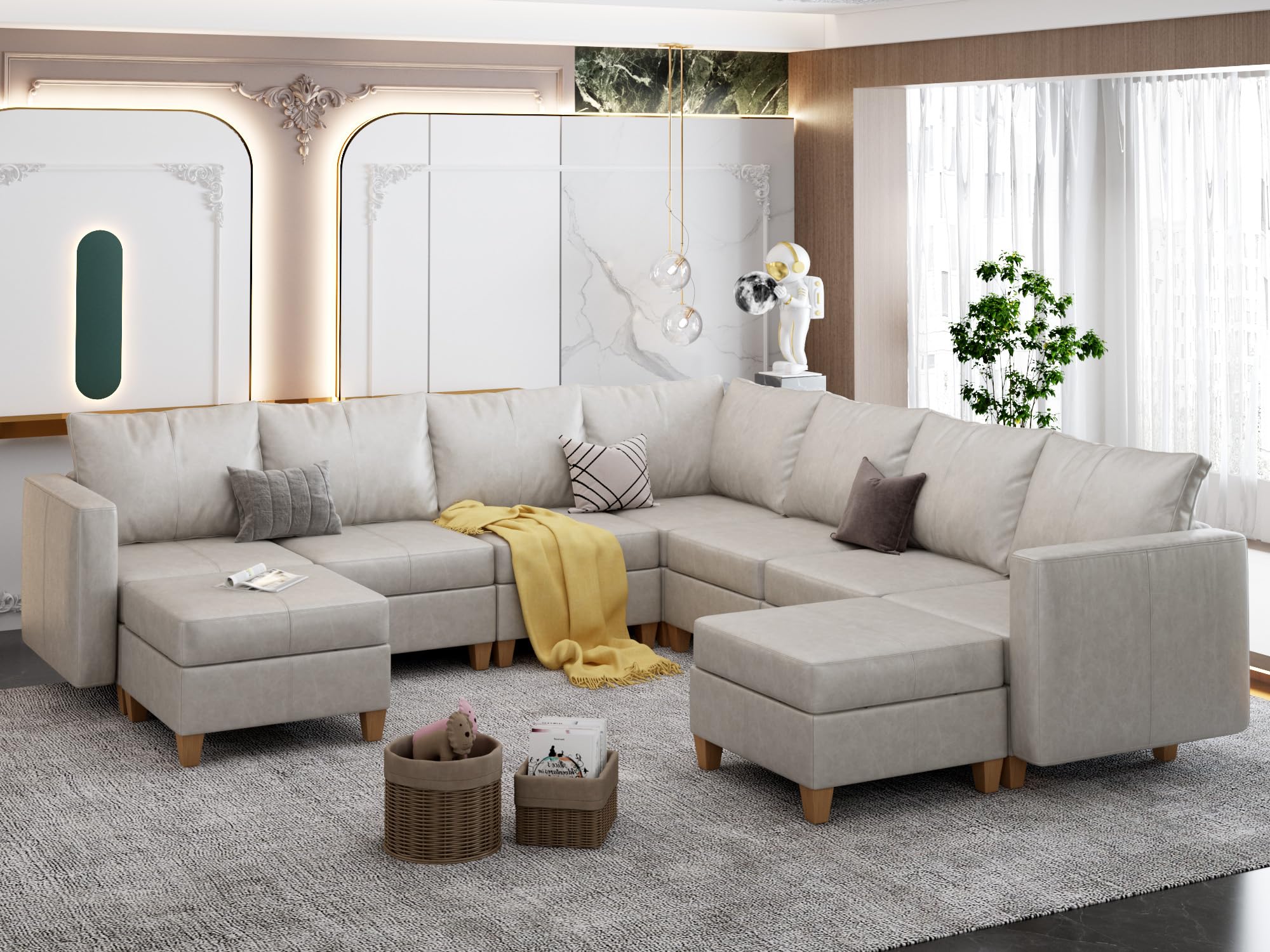 EASE MOOSE Brown Modular Sectional Couch with Storage, Faux Leather Sectional Modular Sofa or Living Room