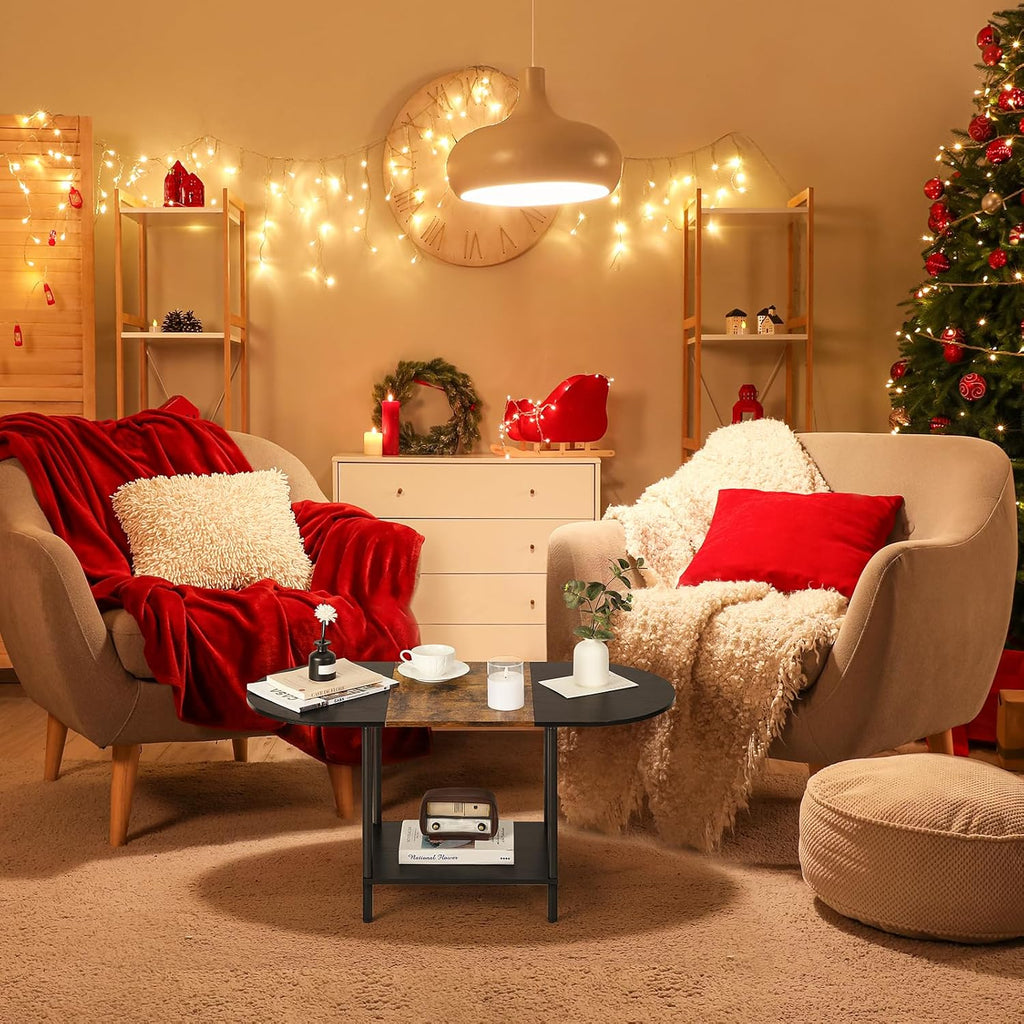 Coffee Tables for Living Room,2-Tier Small Oval Center Table Industrial Modern Style Coffee Tables with Storage Shelf and Wood Tabletop for Small Space,Home Office,Brown & Black