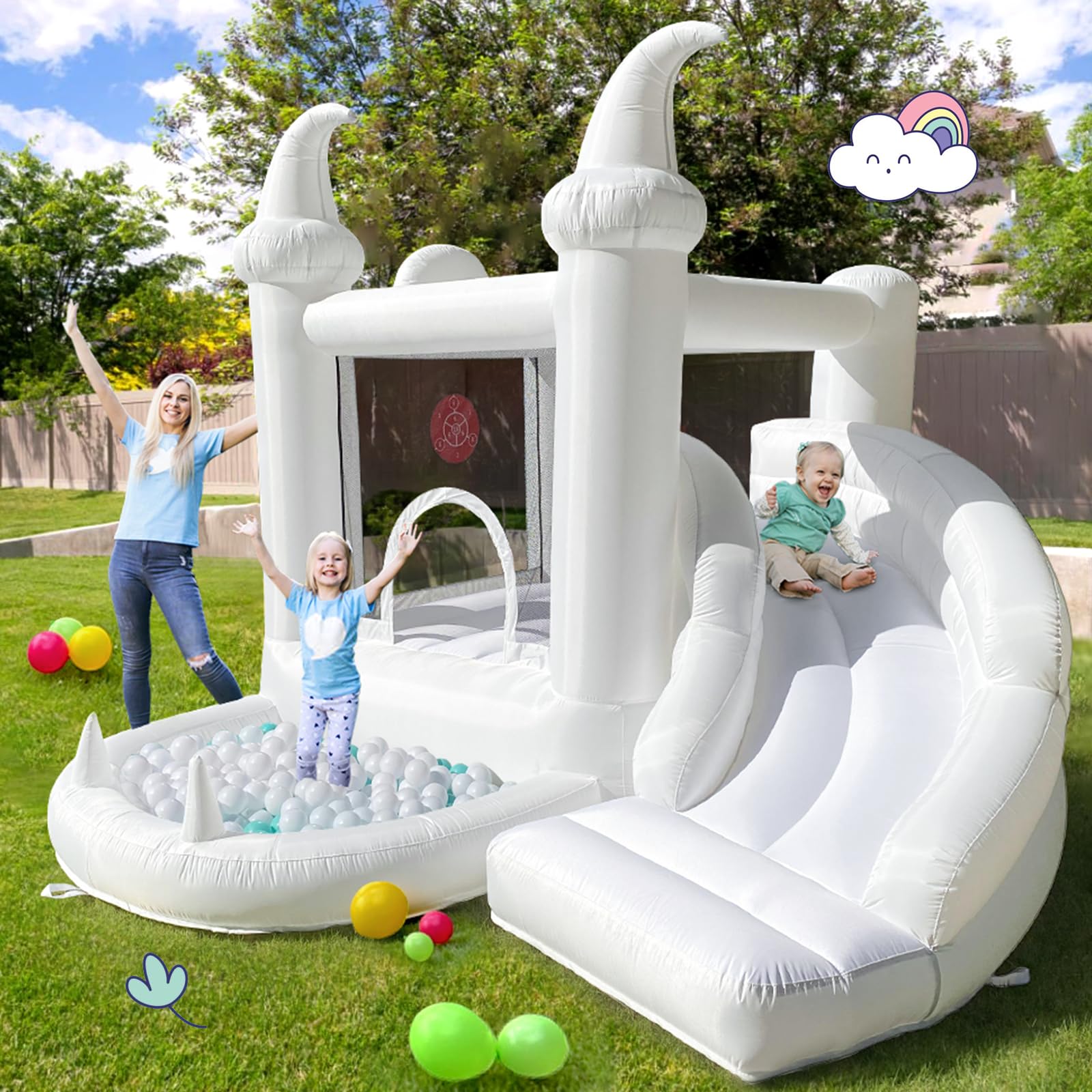 White Bounce House with Pool and Slide, UL Blower Included-Portable, Inflatable Bounce House, Basket-Hoop Inside, Kids Indoor and Outdoor Bounce House (Oxford material-10' L X 9.5' W X 7.2' H)