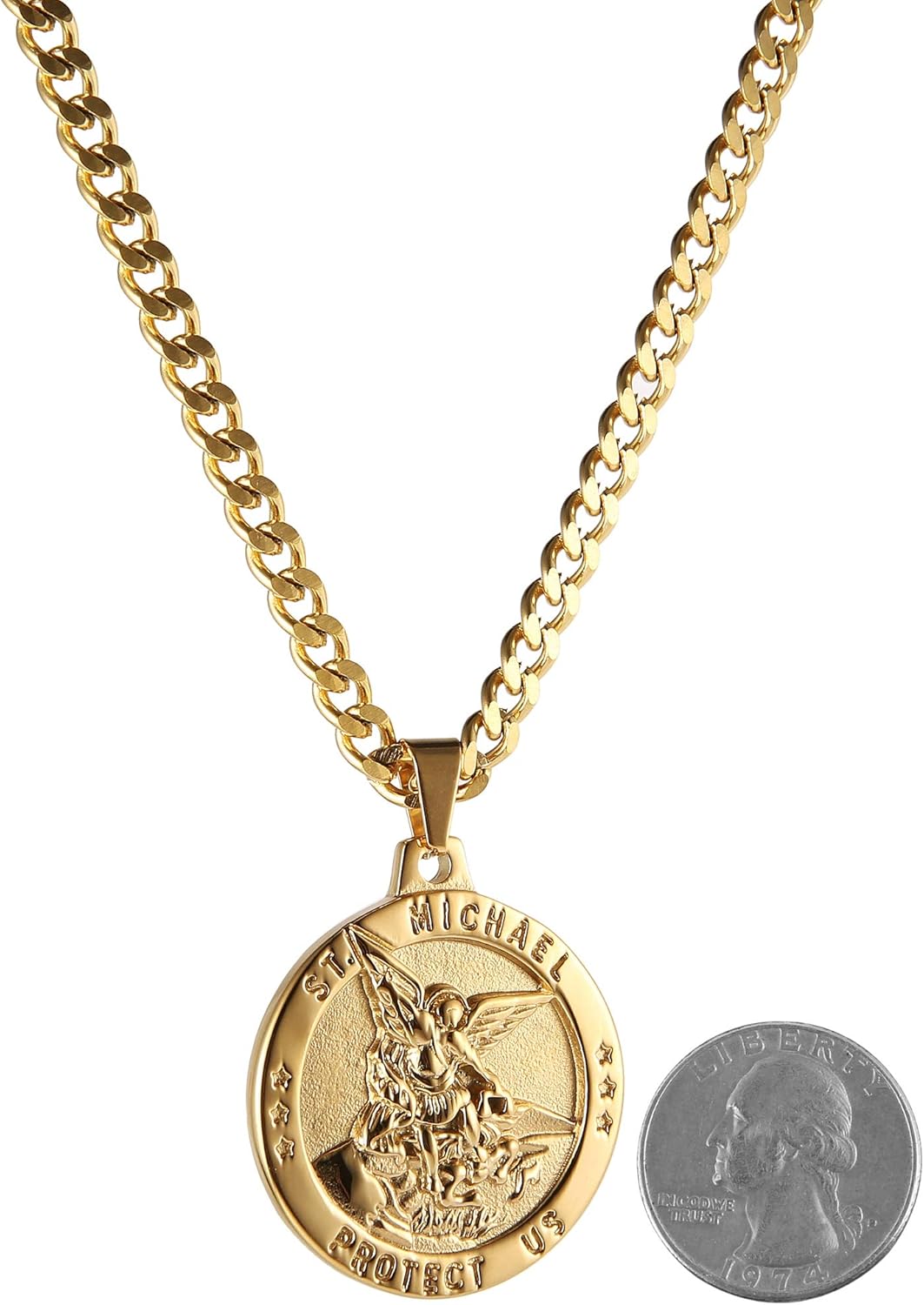 HZMAN St Michael The Archangel Catholic Medal Stainless Steel Amulet Pendant Necklace 22+2" Rolo Curb Chain