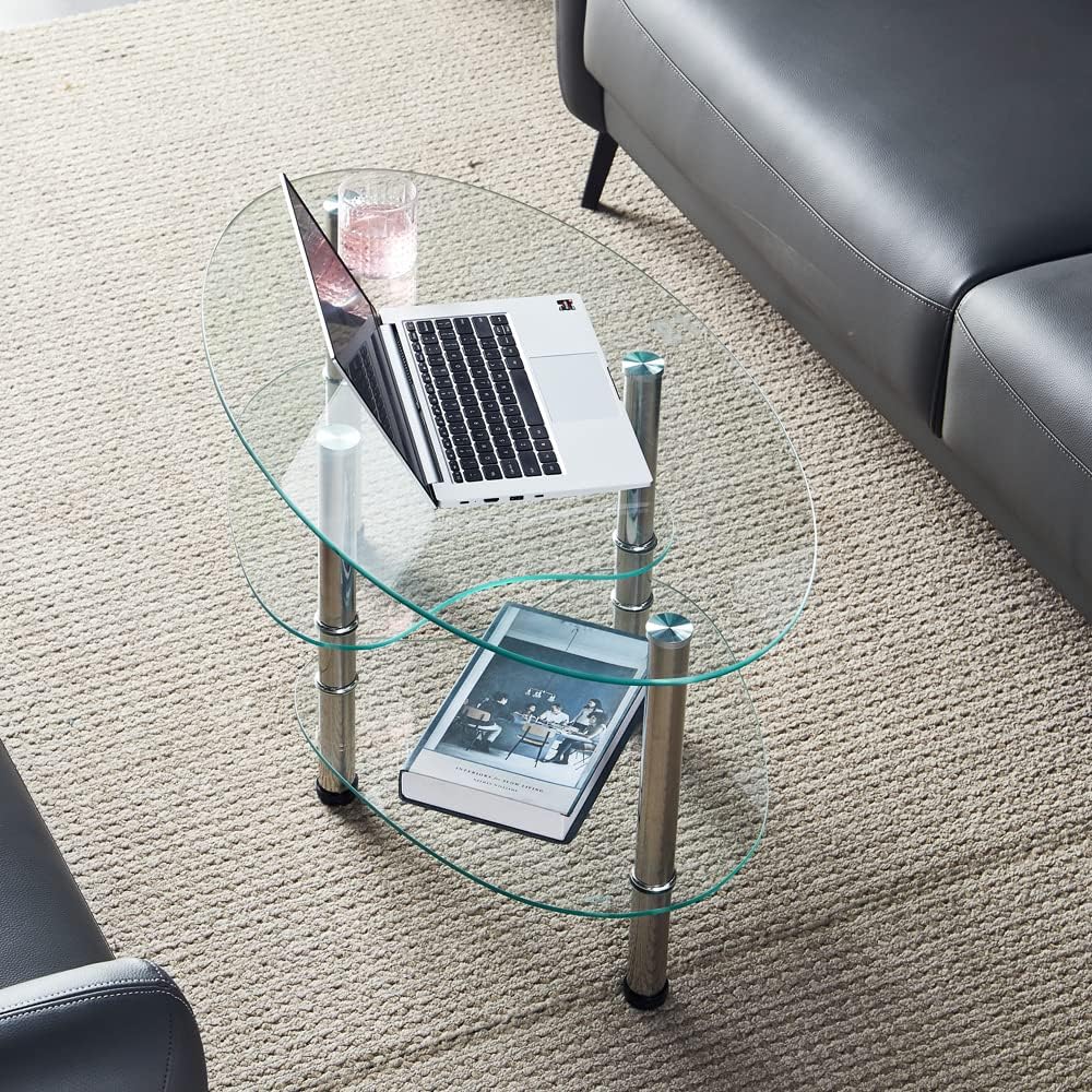 Oval-Shaped Glass Tea Table for Office, 3-Tier Modern Coffee Table, End Table for Living Room (Clear)