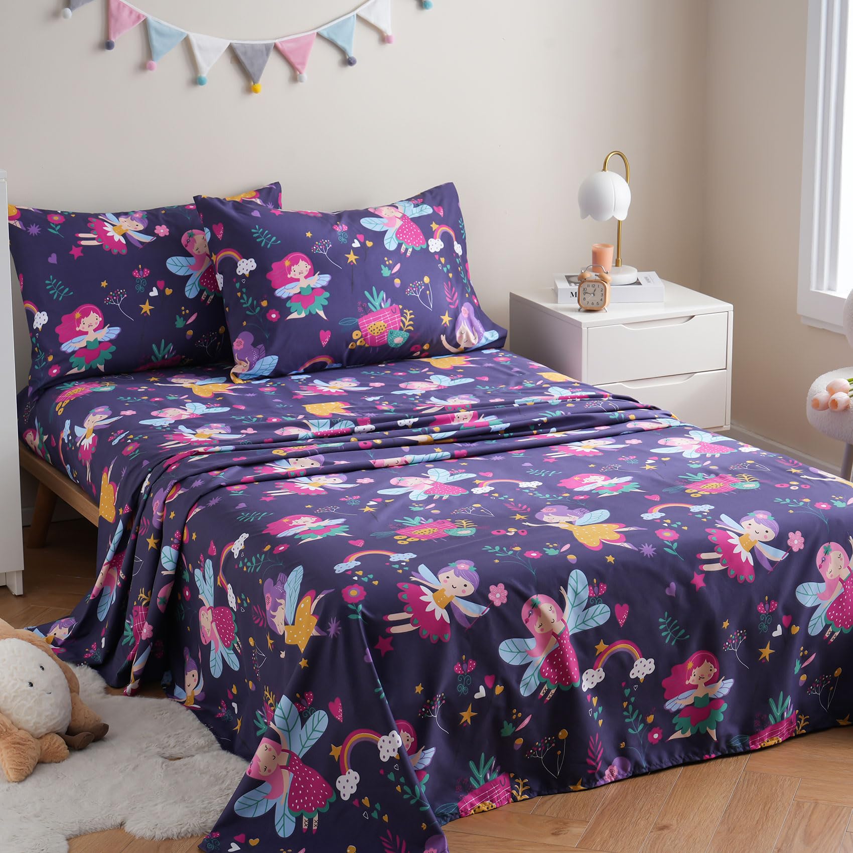 ست ملحفه کودکان یونیکورن صورتی JSD، سایز تویین، ۳ تکه، ملحفه‌های رختخواب میکروفایبر چاپ شده با طرح رنگین کمان برای دختران، جیب عمیق