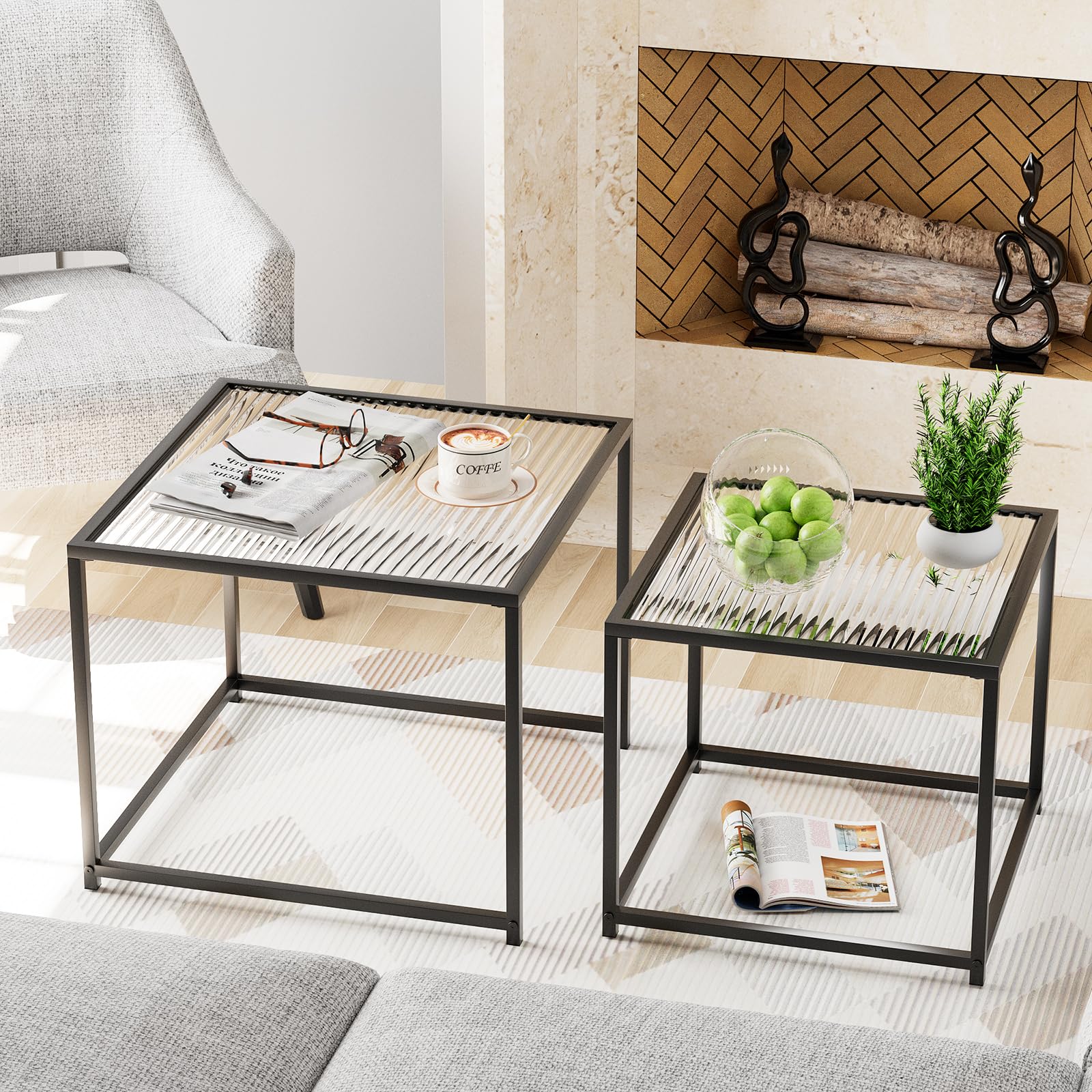 VILAWLENCE Coffee Table Set of 2, Modern Black Glass Side Table, Metal Frame Square End Table, Center Tables,Nesting Coffee Table for Living Room,Bedroom and Small Spaces