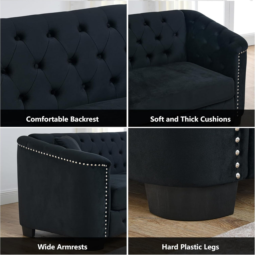 mikibama Modern Chesterfield Velvet Sofa, 77 Inch Sectional Sofa, Luxury 3 Seater Upholstered Tufted Couch with Nailhead Arms and 2 Pillows for Living Room, Bedroom, Apartment(Black)