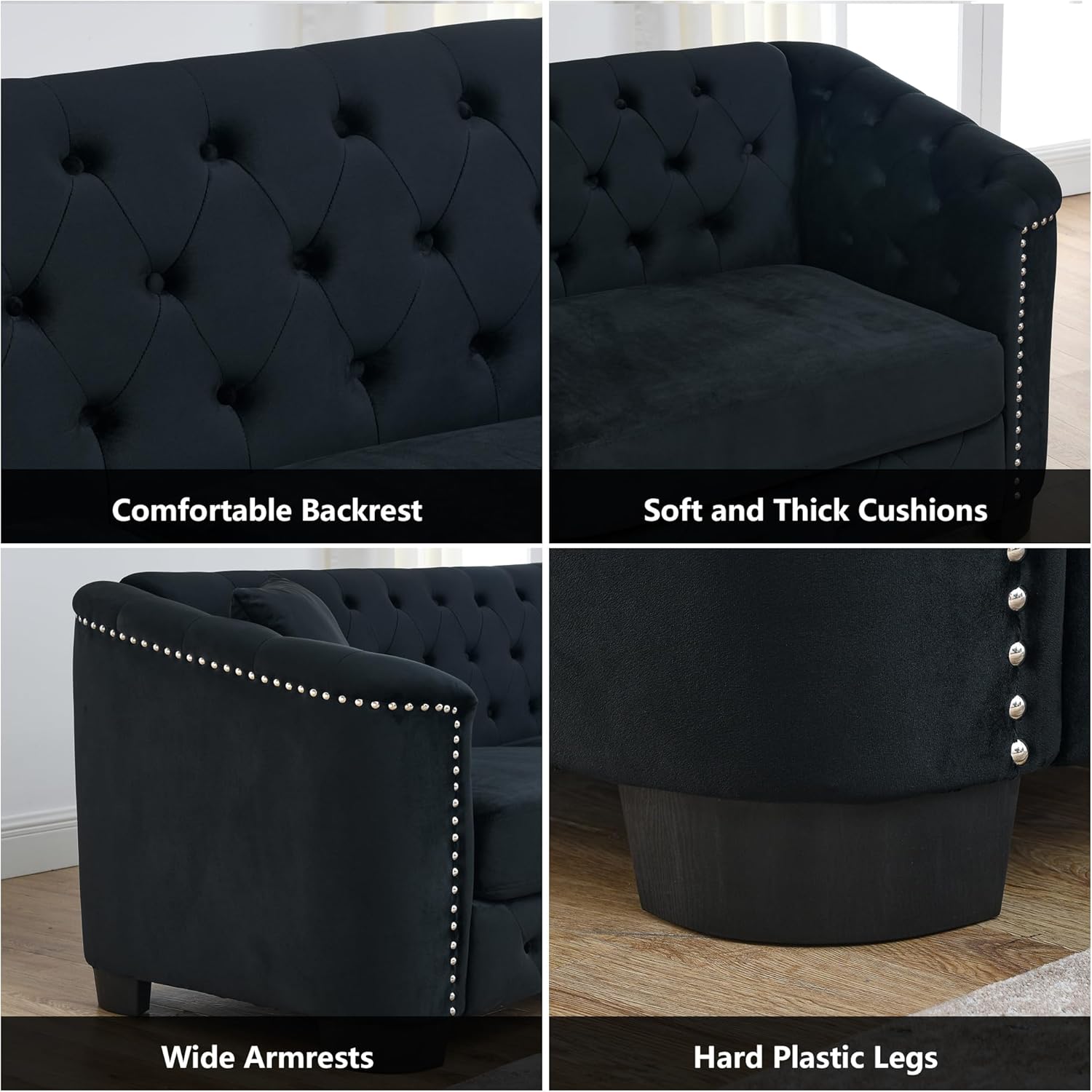 mikibama Modern Chesterfield Velvet Sofa, 77 Inch Sectional Sofa, Luxury 3 Seater Upholstered Tufted Couch with Nailhead Arms and 2 Pillows for Living Room, Bedroom, Apartment(Black)