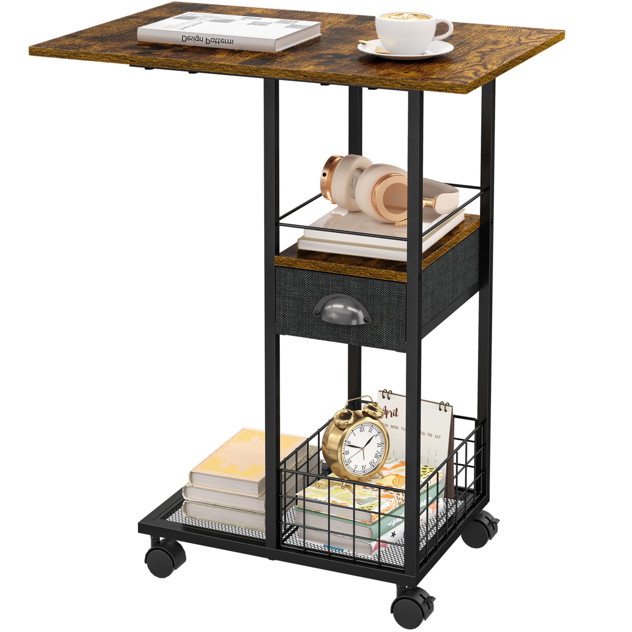 Rolling C Shaped Side Table with Storage Drawer, Ivory Portable Desk on Wheels, Bedside Table for Sofa Couch & Bed, Small Overbed Laptop Desk, Mobile Coffee End Table for Bedroom Living Room Dorm