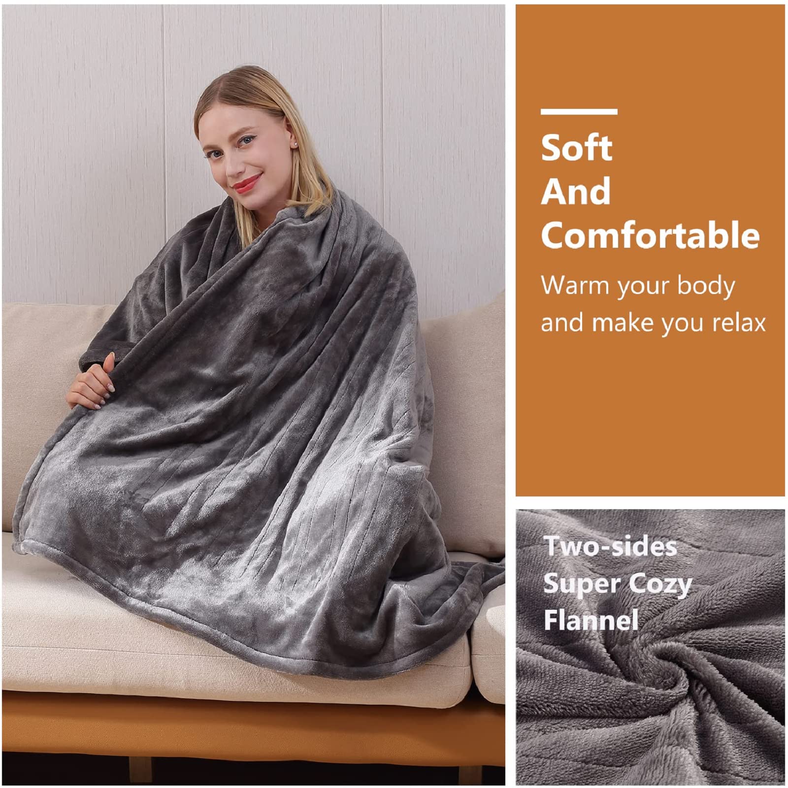 Manta Elétrica Tefici, Super Aconchegante e Macia, Flanela de 2 Camadas 50" x 60", Manta Aquecida com 3 Níveis de Aquecimento e Desligamento Automático em 4 Horas, Lavável na Máquina, Certificada ETL e FCC, Uso Residencial e Escritório, Cor Camelo