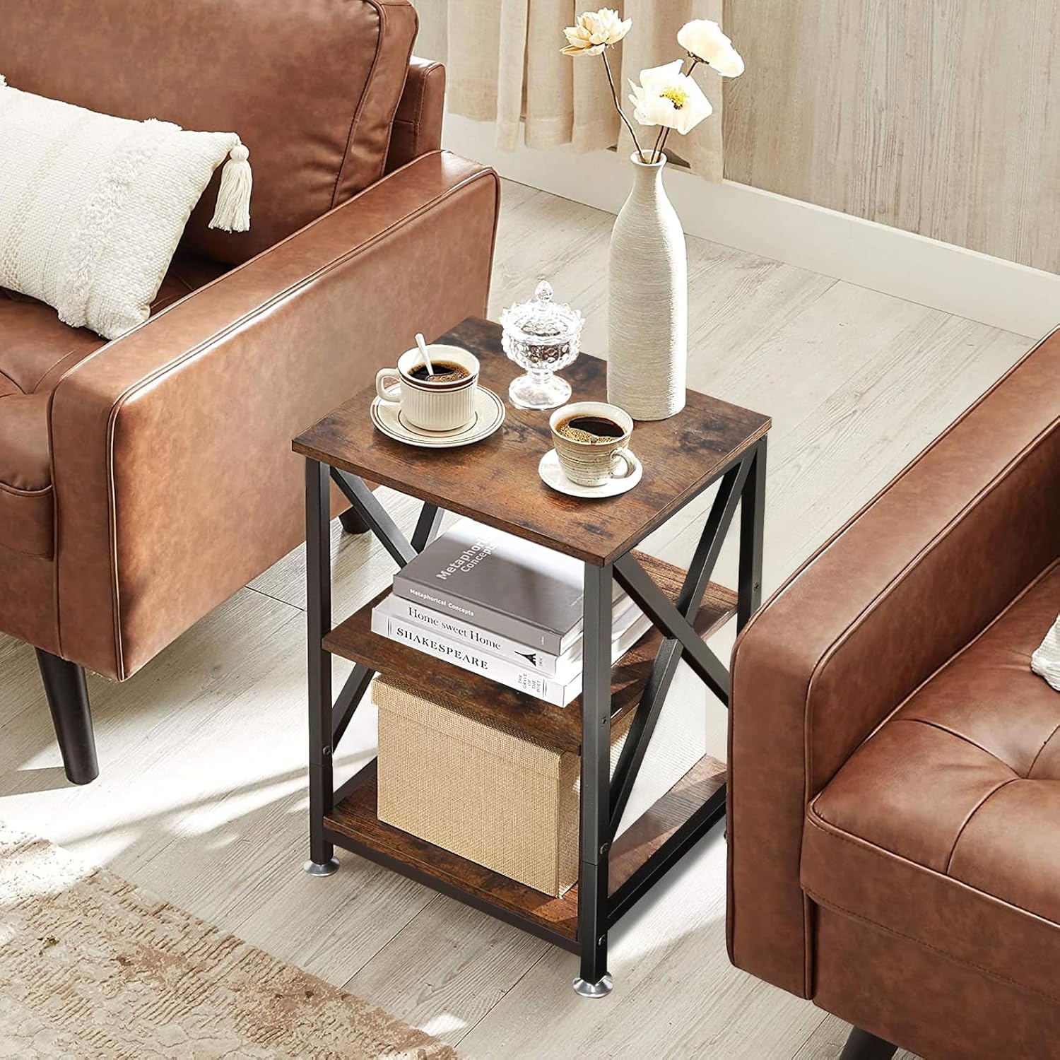 End Tables Living Room Set of 2 Farmhouse, Side Table with Storage Shelf, 16" W x 12" D x 24" H, 3 Tier Side Table Set of 2, X-Shaped Night Stands for Bedrooms, Coffee Table