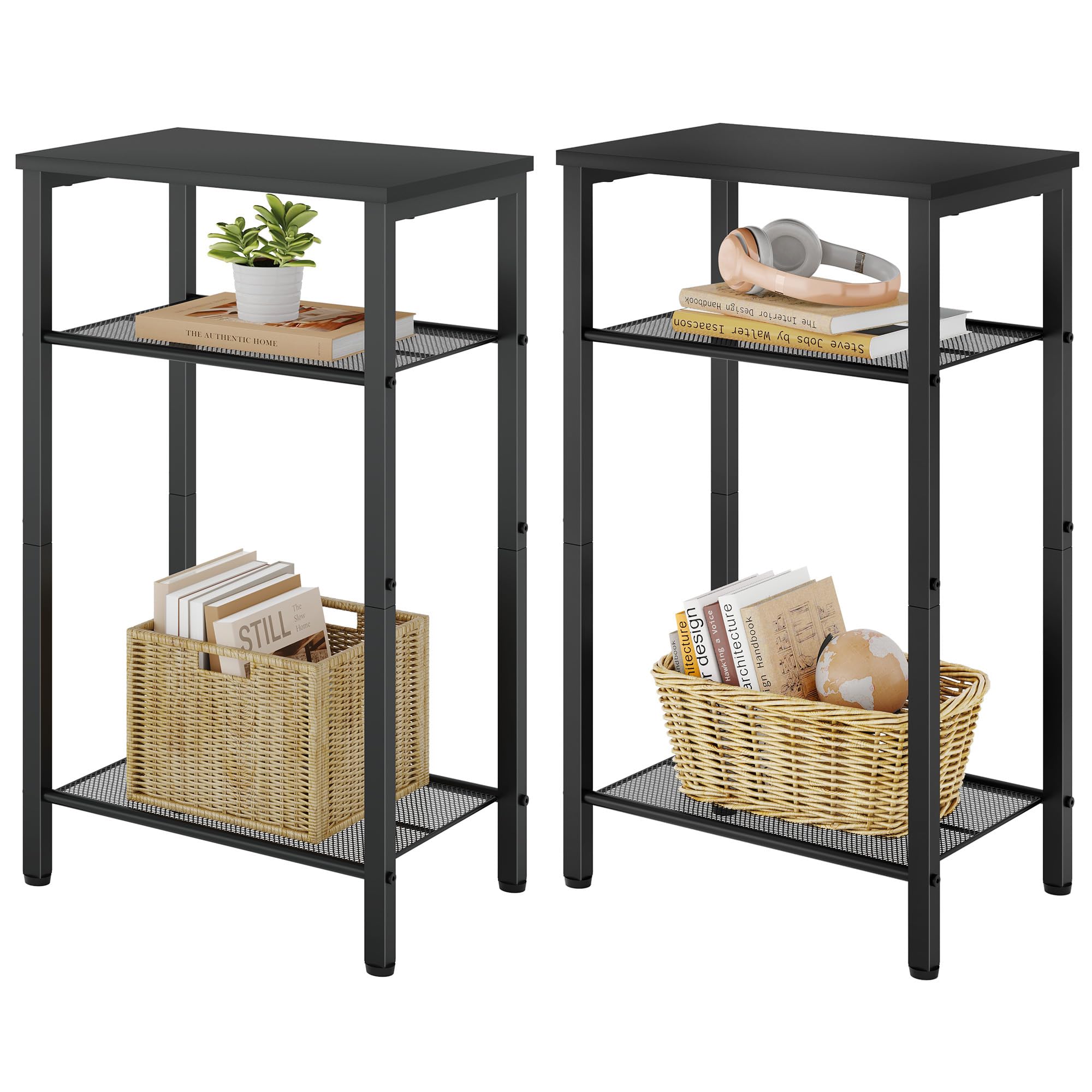 Hoctieon 3 Tier End Table, Telephone Table, Tall Side Table with Storage, Small Nightstand for Small Spaces, Metal Frame, For Living Room, Bedroom, Sofa Couch, Hall, Easy Assembly, Black