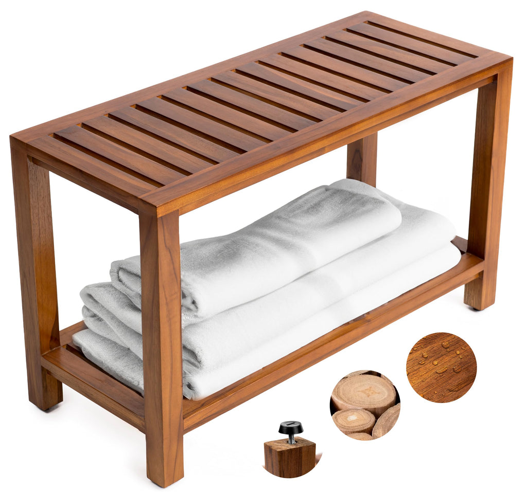 Teak Wood Shower Bench - 30 Inch Fully Assembled Bench with Shelf | Water Resistant, Non-Slip Adjustable Feet for Inside Shower