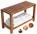 Teak Wood Shower Bench - 30 Inch Fully Assembled Bench with Shelf | Water Resistant, Non-Slip Adjustable Feet for Inside Shower