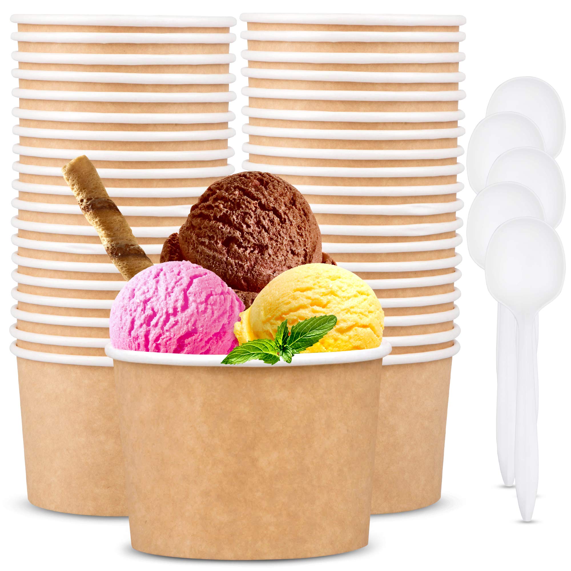 Promora 12oz Paper Ice Cream Cups Disposable 50 Count + Spoons, Bowls for Hot Soup/Dessert with Spoons, Perfect for Hot & Cold Food, Disposable Soup Bowls, Ice Cream Bowls, Frozen Yogurt (Brown 12oz)