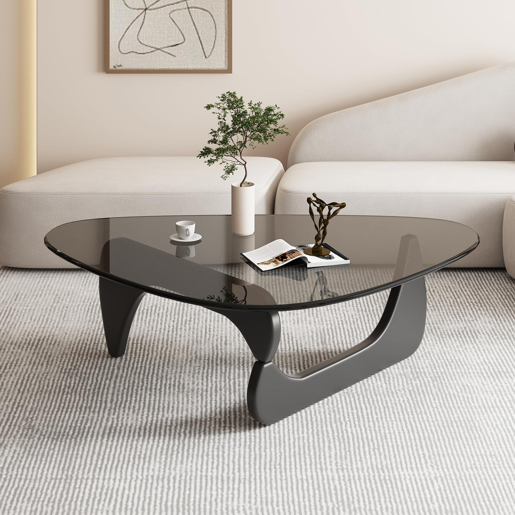 Triangle Glass Coffee Table-Mid-Century Modern End Table Solid Wood Base & Vintage Tempered Transparent Glass Top Coffee Tables Living Room Balcony (Black/Brown, Small 32.2 * 22.4 * 16in)