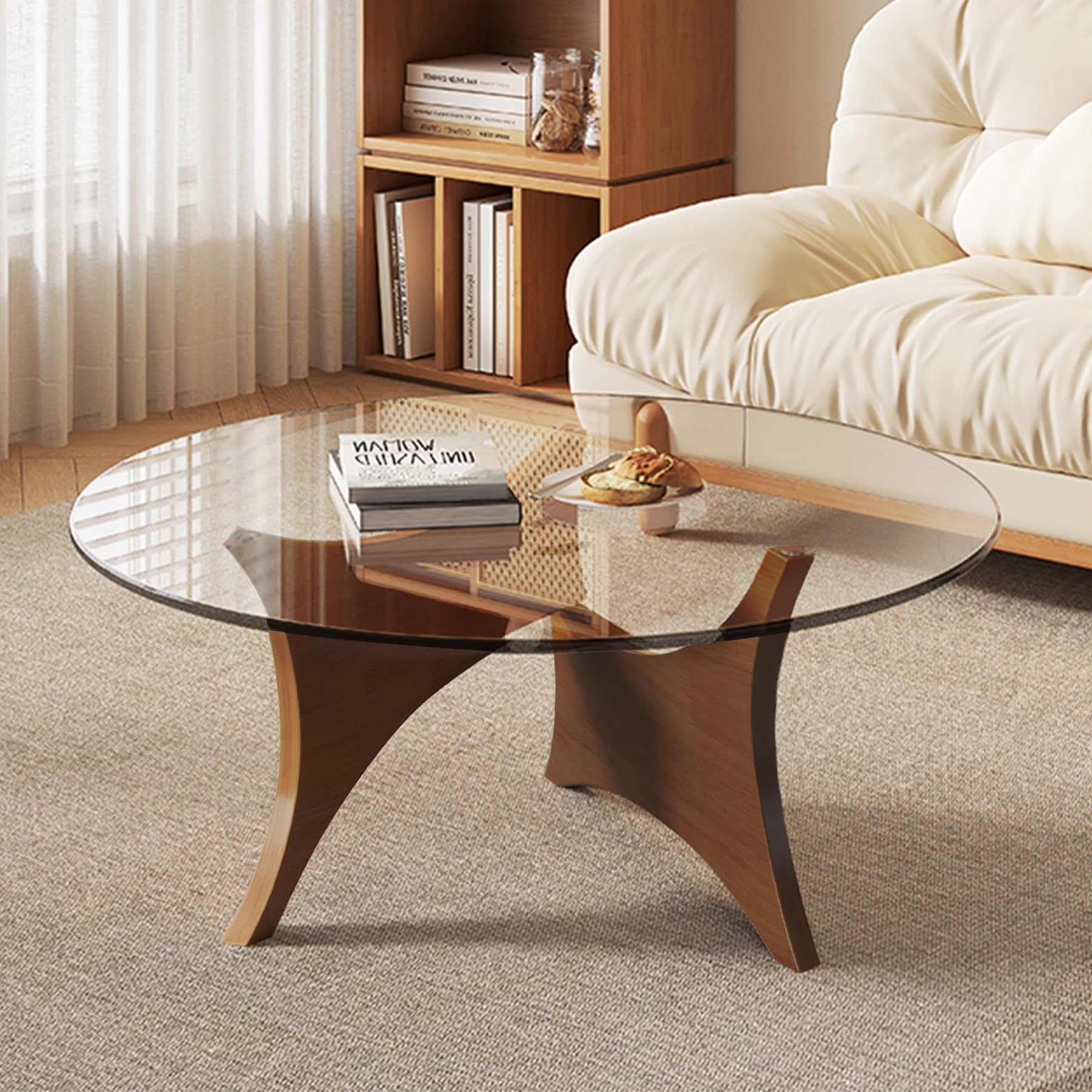 31.5" Round Glass Mid Century Modern Coffee Table with Wood Legs-Circle Tempered Glass Top Center Table, Unique Contemporary Center Table for Small Space