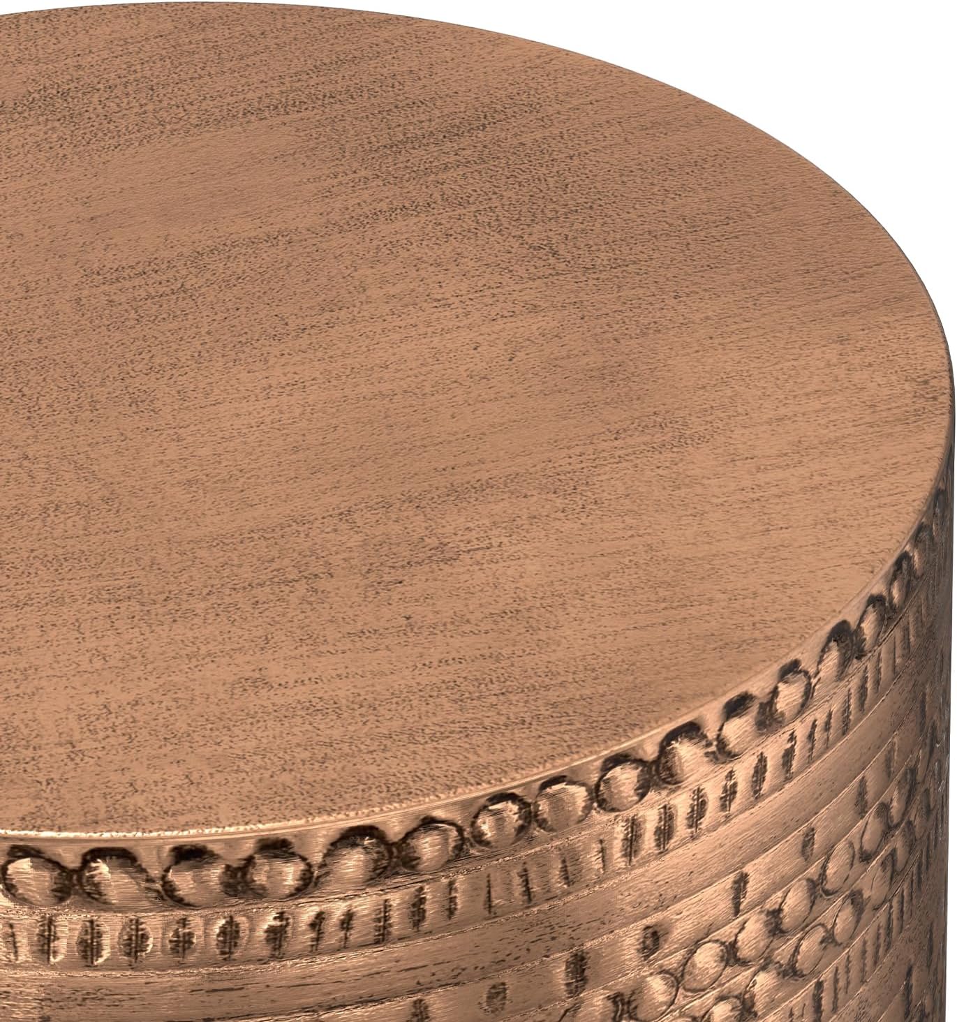 SIMPLIHOME Johnsen Metal Table - 15 inch Wide Solid Iron Drum Accent Table in Antique Copper with Tribal Pattern, Round Boho End Table for Living Room, Bedroom, or Home Office, Fully Assembled