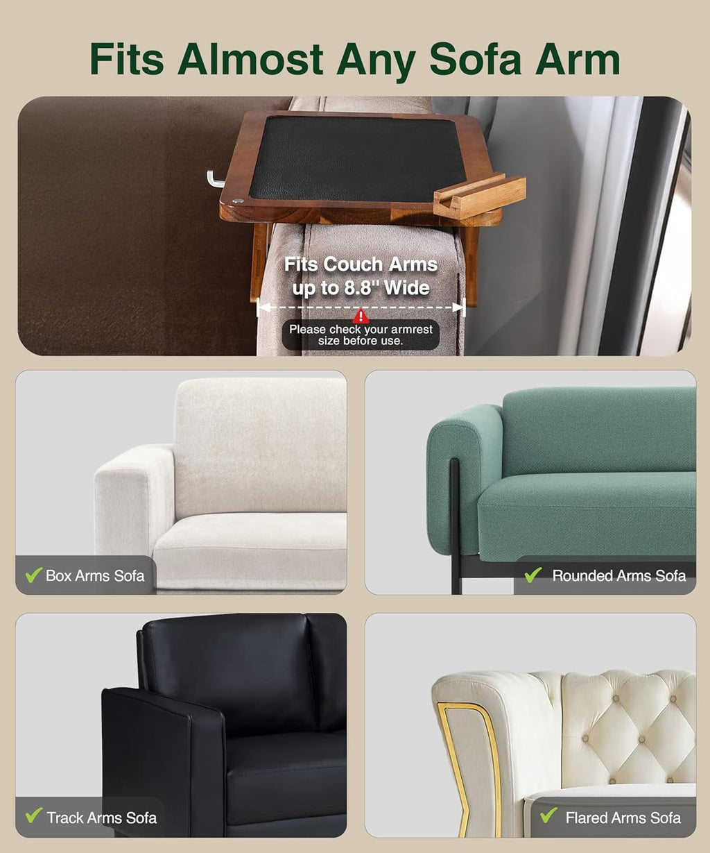 Acacia Couch Arm Tray/Mini Table – 2 in 1 Couch arm Table (15.3” x 9.8” x 4”), Adjustable Legs (up to 8.8”), 360° Rotating Phone Holder, Wire Holder, Non-Slip Mat – Couch Tray to Keep Snacks, Coffee