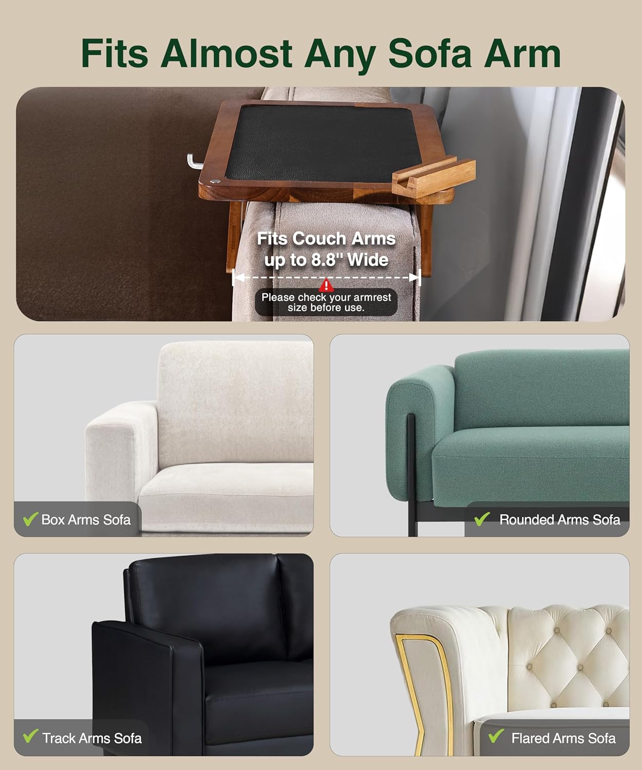 Acacia Couch Arm Tray/Mini Table – 2 in 1 Couch arm Table (15.3” x 9.8” x 4”), Adjustable Legs (up to 8.8”), 360° Rotating Phone Holder, Wire Holder, Non-Slip Mat – Couch Tray to Keep Snacks, Coffee