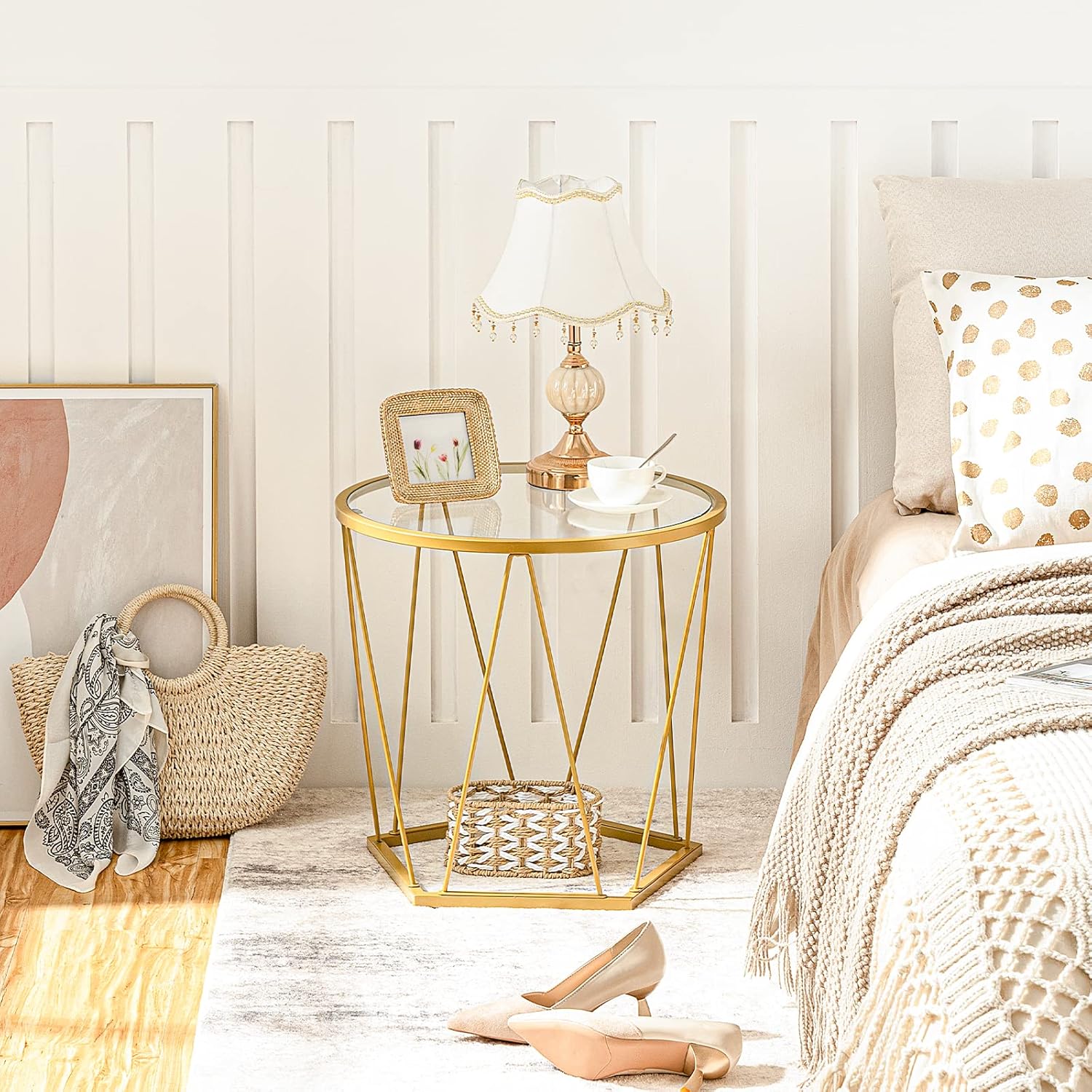 HOOBRO Small Coffee Table Set of 2, Round Coffee End Table with Metal Frame, Glass Top, Gold Side Table for Living Room, Bedroom and Balcony, Modern Style, Gold GD79BZ01