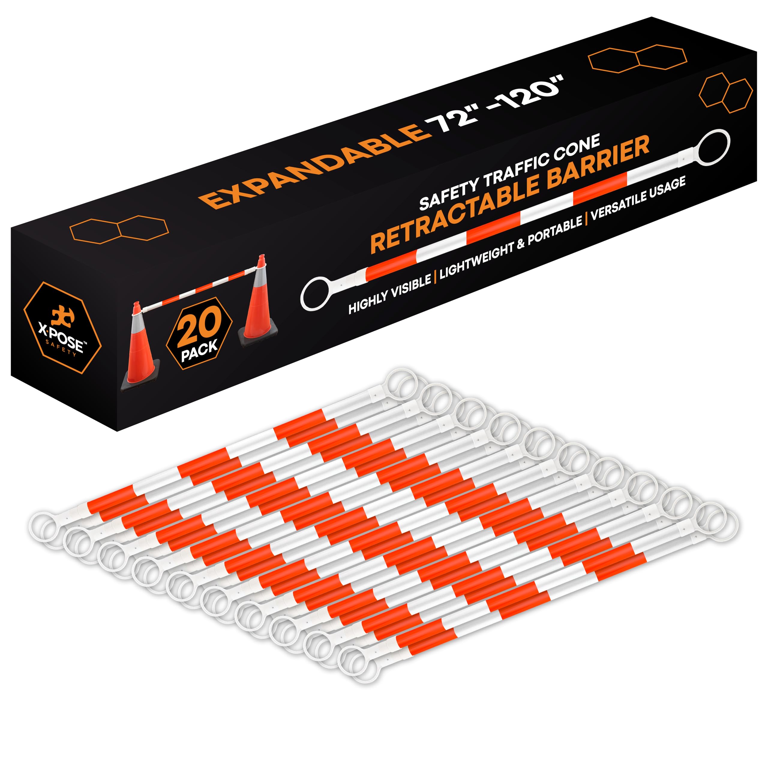 Retractable Barrier for Safety Traffic Cones - 2" OD - Large Yellow and Black Bar Barricade - for Road Construction, Parking, Warning, Temporary Security Divider (40, Orange & White, 72" x 120")