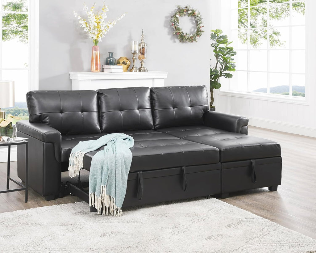 Naomi Home Jenny Sectional Sofa Sleeper with Storage Chaise, Tufted Pull Out Couch with Storage, Sectional Bed, L-Shaped Reversible Sleeper Sofa, Black,Air Leather