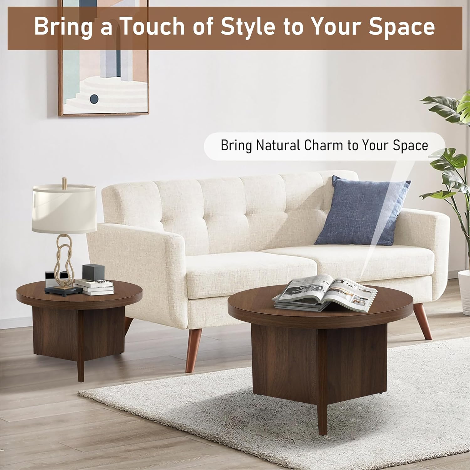 Round Nesting Coffee Tables Set of 2, Modern Stacking Table with Wood Grain Finish, End Table Side Tables for Living Room (Walnut)