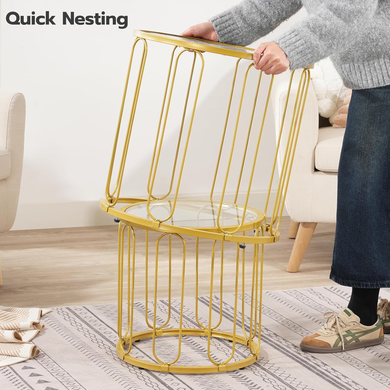 HOOBRO Small Coffee Table Set of 2, Gold Accent End Tables with Metal Frame, Round Coffee Side Table with Tempered Glass Top, for Living Room, Bedroom, Gold GD113BZ01