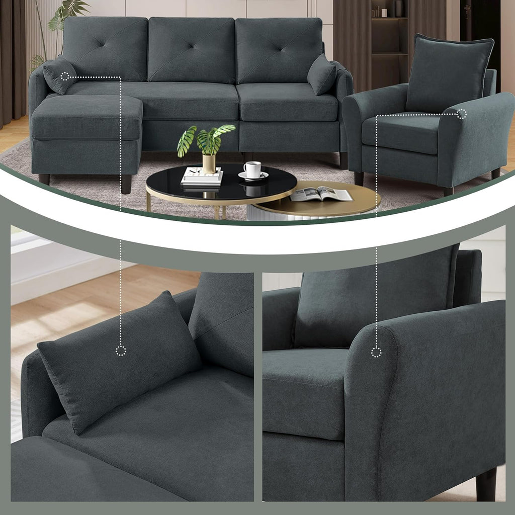 Sectional Sofa Set Convertible and Accent Chair - Small 3 Seat L Shaped Couch With Reversible Ottoman and Side Pockets, Modern Linen for Living Room, Office, Apartment, Dark Grey