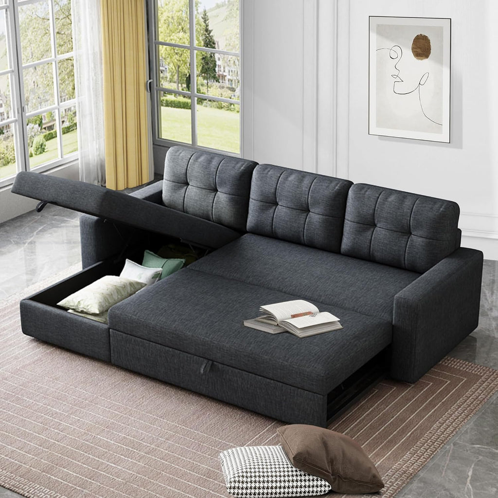 Upholstered Sleeper Sofa, L Shaped Sectional Couch with Reversible Storage, Convertible Corner Lounge Couches w/Pull Out Sofabed for Living Room, Apartment,Dark Grey