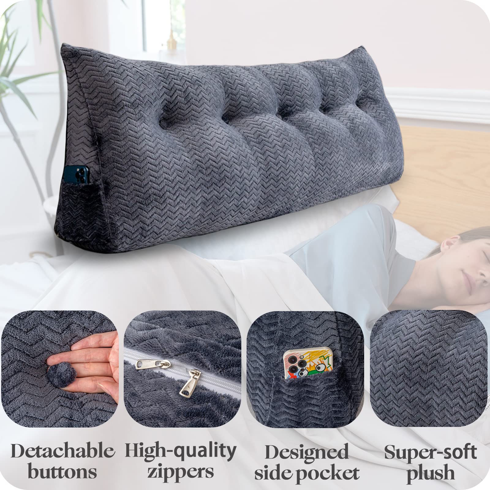 بالشتک بزرگ مثلثی پشت‌سری ZOEMO، تکیه‌گاه پشتی گوه‌ای، پشتیبانی موقعیت‌دهی، بالش‌های استراحت تخت برای مطالعه، بالش‌های گوه‌ای پشت‌سری برای تخت روز با روکش قابل جدا شدن