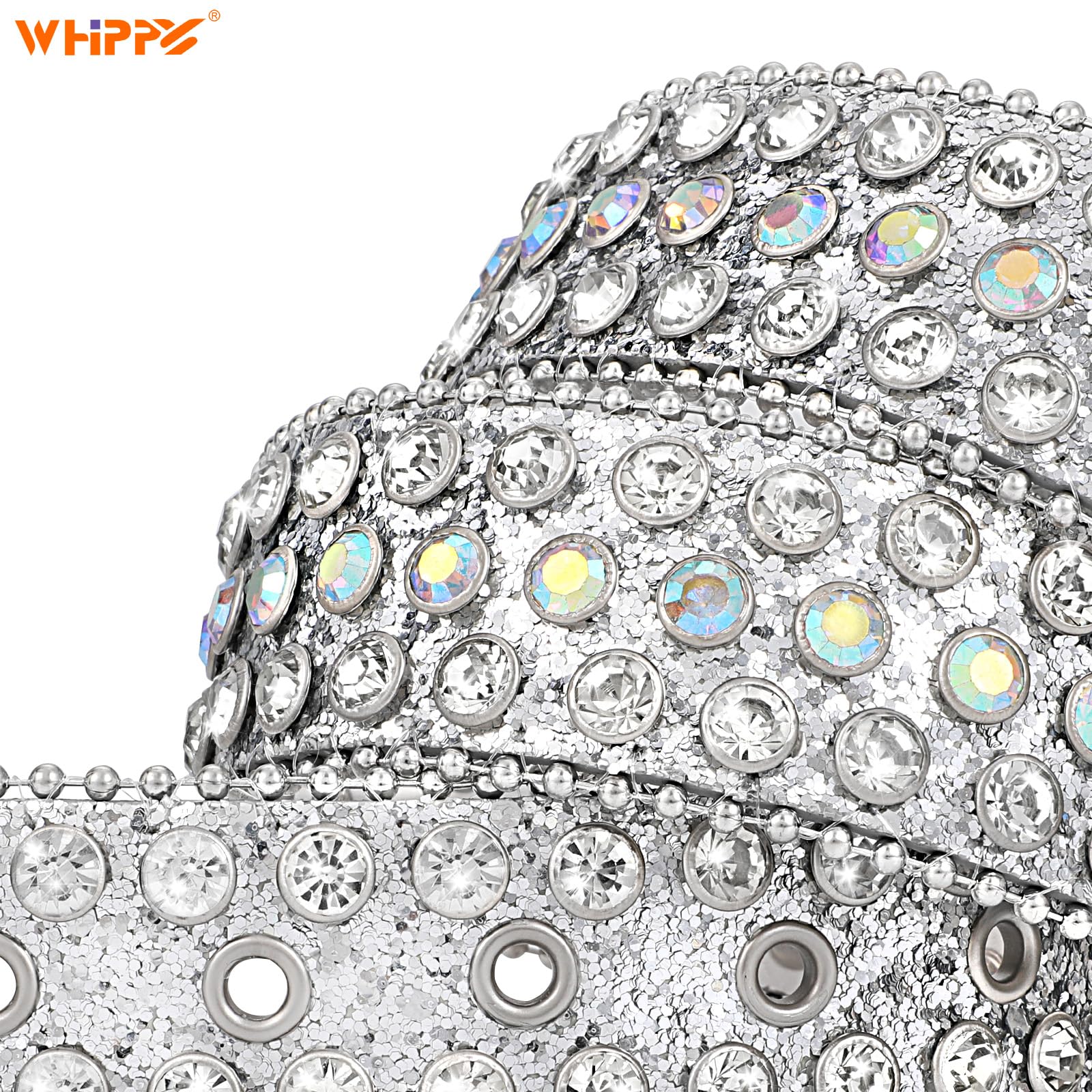 WHIPPY Women Rhinestones Leather Belts Bling Studded Western Cowgirl Waist Belt for Jeans Pants with Removable Buckle, Silver Sequin, S