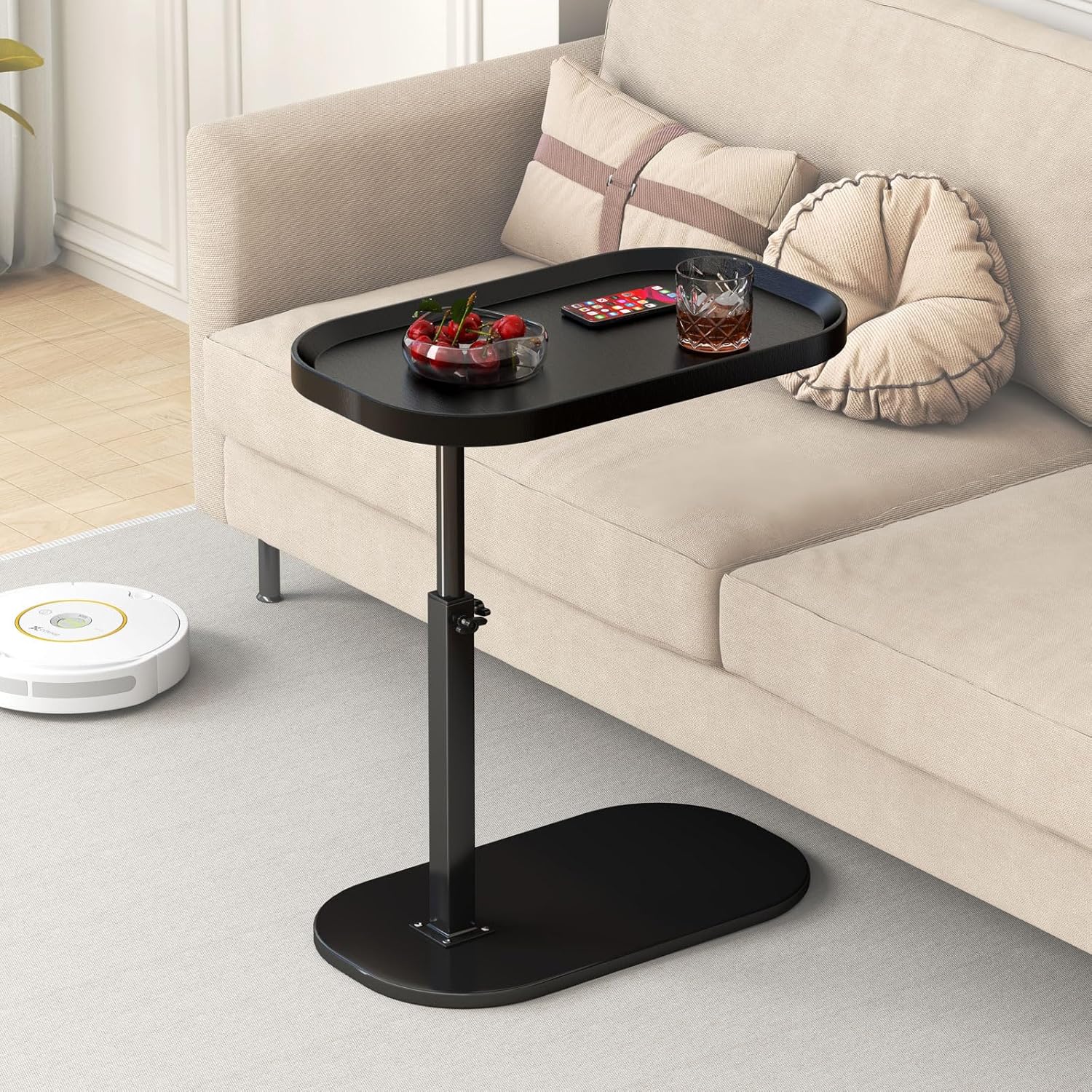 C Shaped Side Table Adjustable Height, 360°Swivel C Shaped End Table, Couch Side Tables That Slide Under, Small Coffee C Table End Table for Sofa/Bed/Bathtub, Rotating Elevate Tabletop (black)