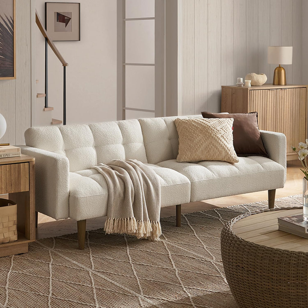 mopio Aaron 76.8" Couch, Small Futon Sofa Bed, Sleeper, Loveseat, Mid Century Modern Futon Couch, Sofa Cama, Couches for Living Room, Bedroom (Pecan Brown, Faux Leather)