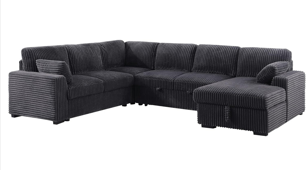 Oversized U-Shaped Sleeper Sectional Sofa Modern Fluffy Corduroy Upholstered Corner Convertible Sofabed with Pull Out Sleeper Couch Bed ,Storage Left Chaise and Pillows for Living Room Furniture Sets