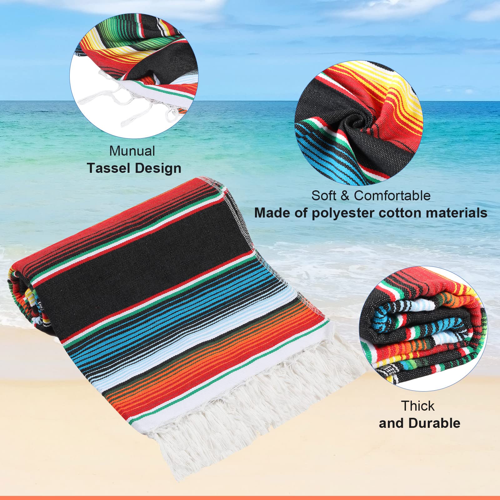Tudomro 4 PCS Large Authentic Mexican Blankets Colorful Mexican Striped Throw Blankets Serape Fiesta Beach Fringe Yoga for Home Office Camping Picnic (Bright)
