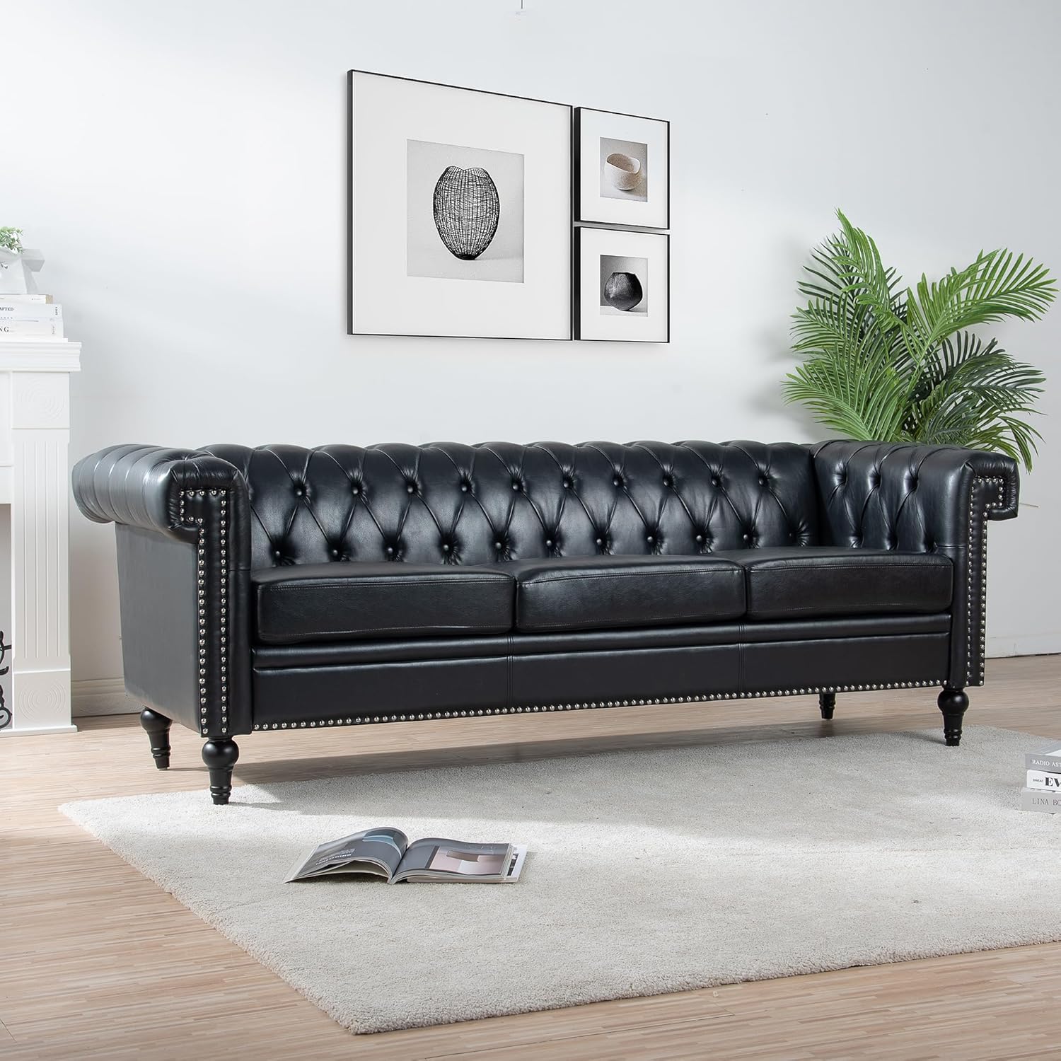 Ball & Cast 83" Chesterfield Leather Sofa with Channel Tufted Seat Back,Removable Square Arm Nailhead Trim Classic 3 Seater Couch,Mid Centuryfor Living Room,Bedroom,Office,Black PU
