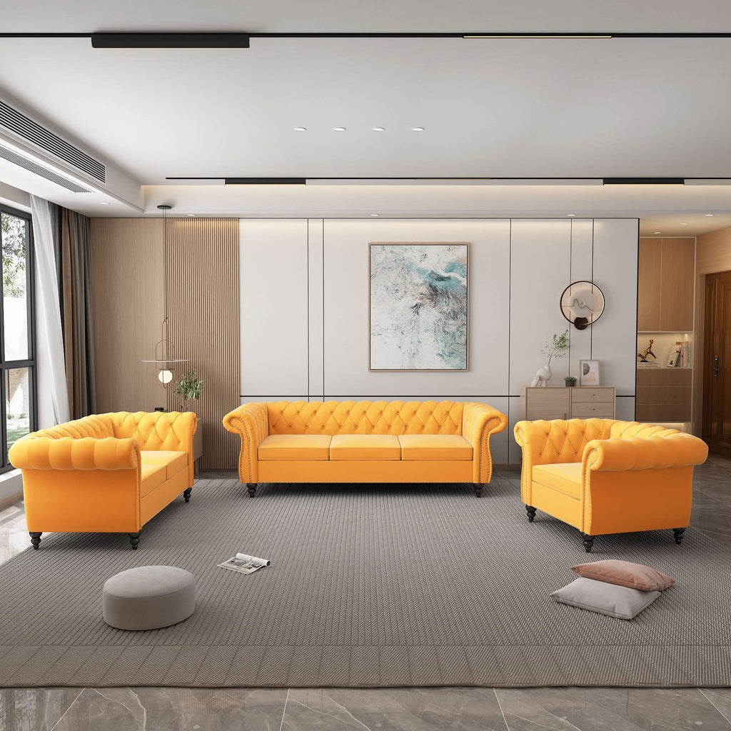 2 Piece Living Room Set, Chesterfield Leather Sofa Couch Chair with Scroll Arms and Nailhead for Living Room, Office (Dark Brown)