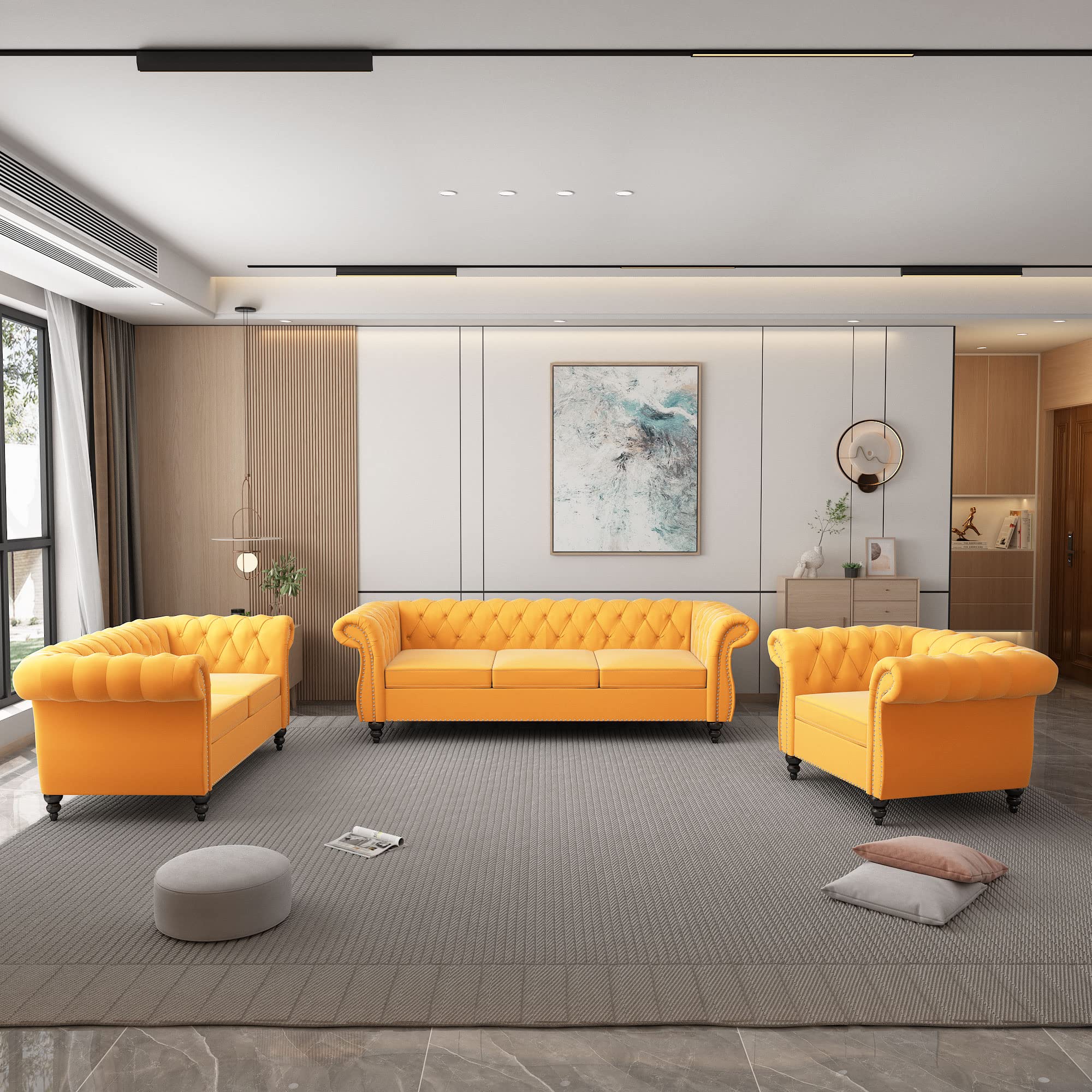 2 Piece Living Room Set, Chesterfield Leather Sofa Couch Chair with Scroll Arms and Nailhead for Living Room, Office (Dark Brown)