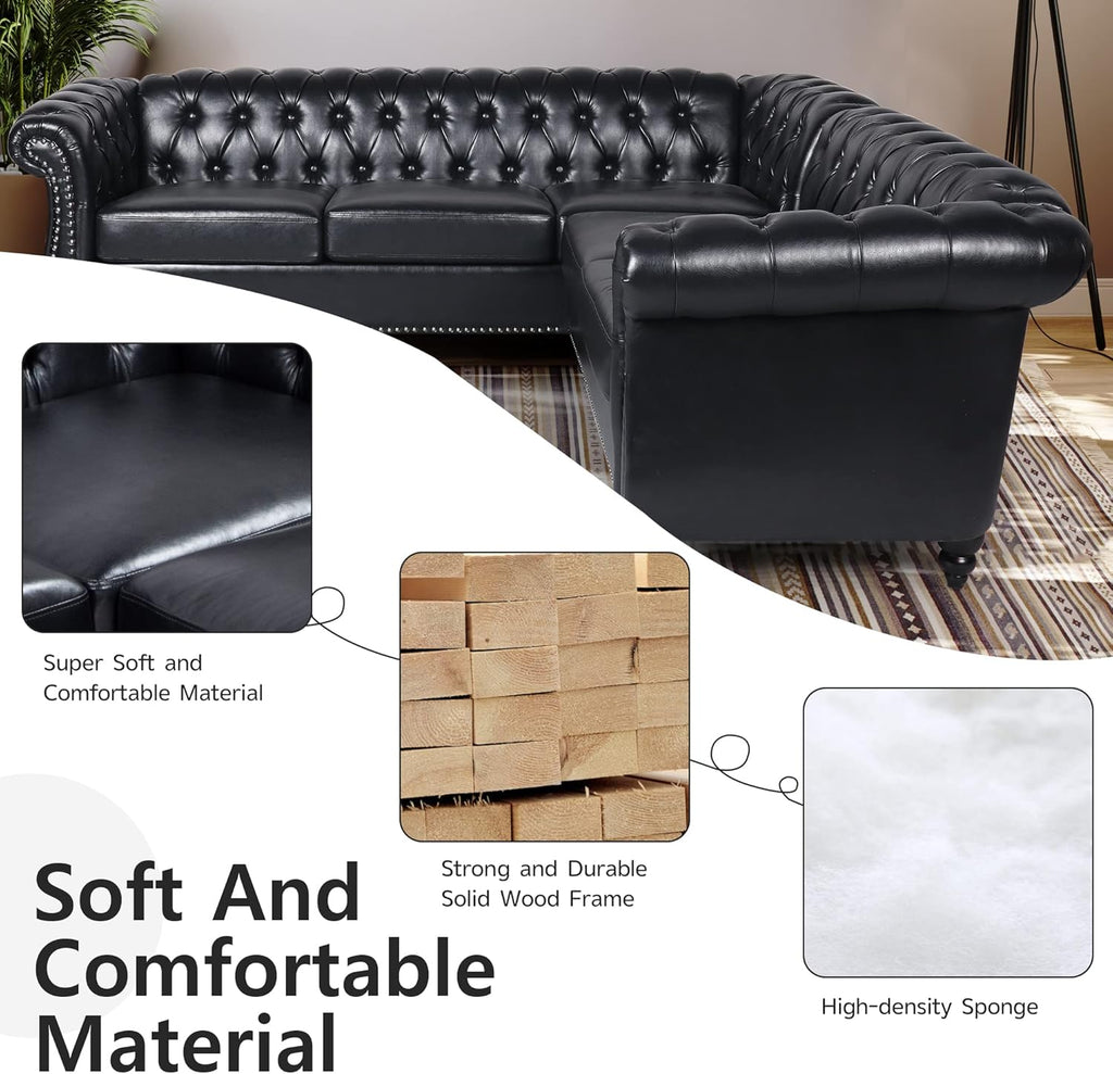 QHITTY L-Shaped Sofa, Sectional Chesterfield Leather Couch 5-Seater Upholstered Small Accent Tufted Sofa with Rolled Armrest and Nailhead Design for Living Room, Apartment, Office (Black)